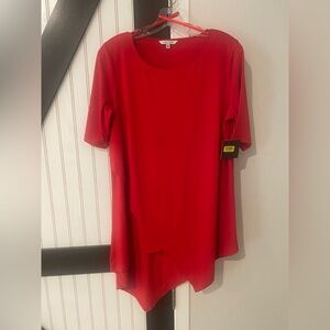 JOHN MARK Sz M Red Liquid Knit Layered Top Stretch Handkerchief Hem Tunic NWT